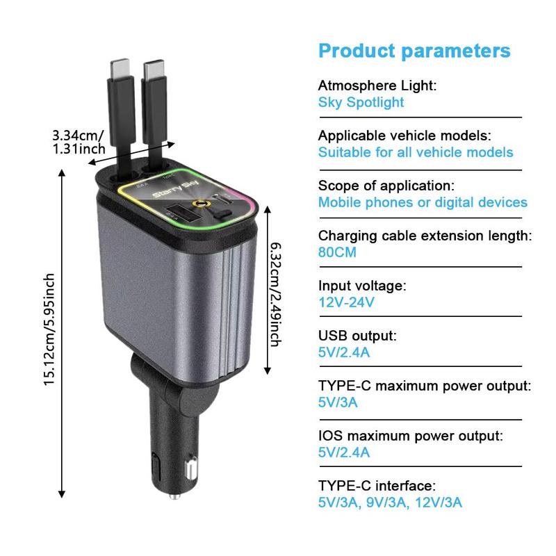 Retractable Car Charger, 4 in 1 Fast Car Phone Charger 60W, Retractable Cables and USB Car