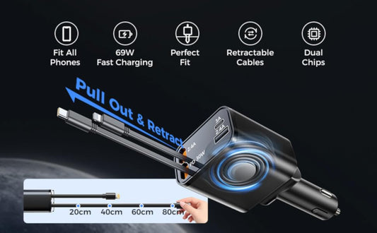 Retractable Car Charger, 4 in 1 Fast Car Phone Charger 60W, Retractable Cables and USB Car