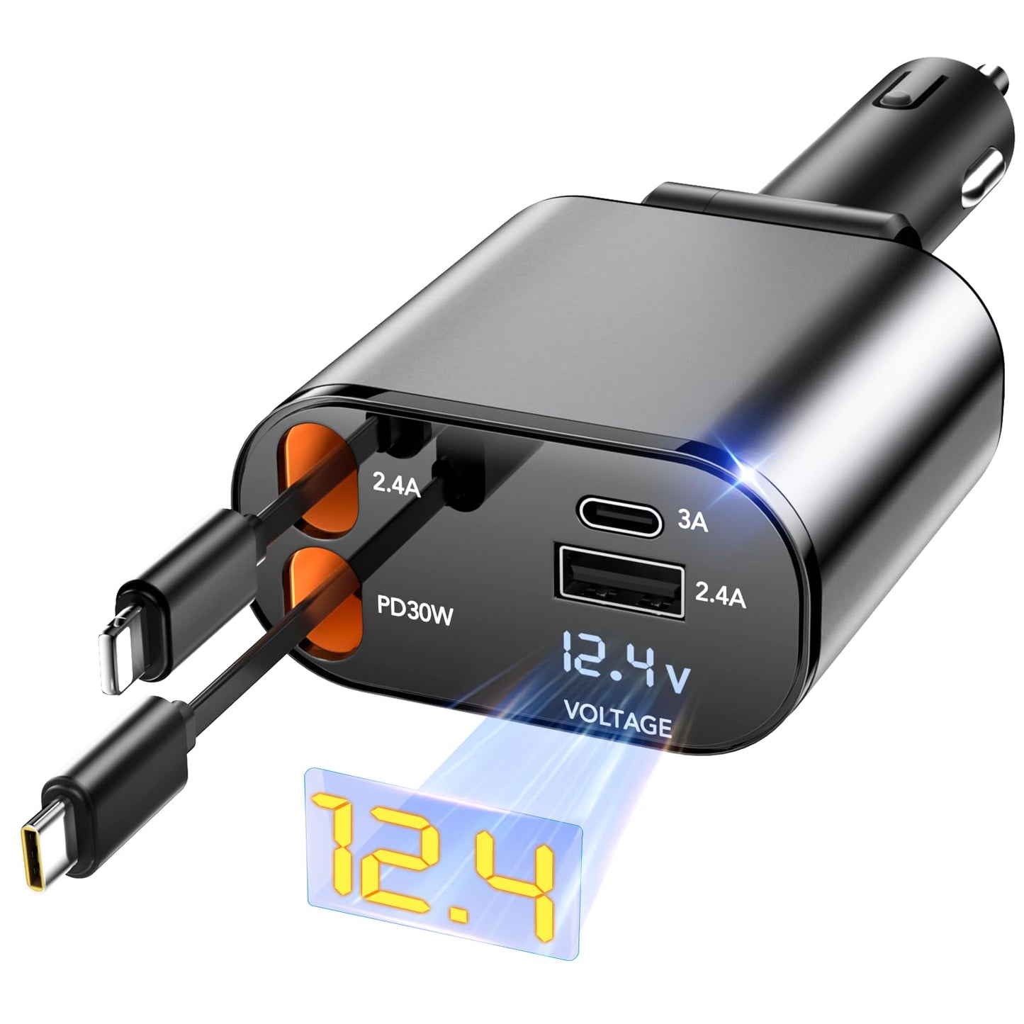 Retractable Car Charger, 4 in 1 Fast Car Phone Charger 60W, Retractable Cables and USB Car