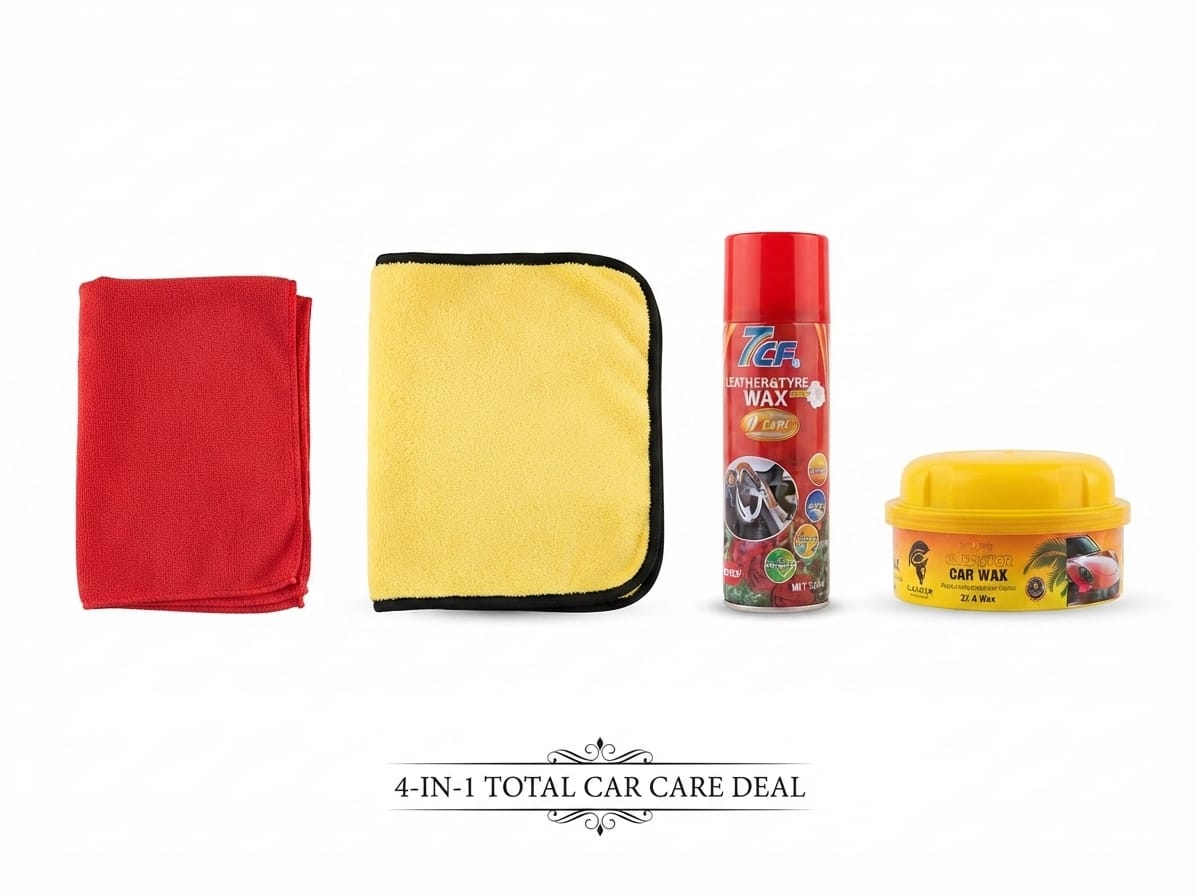 4 in 1 Premium Car Care Kit | Car Polish Wax, Dashboard Leather Wax & 2 Microfiber Cleaning Towels | Complete Car Cleaning Kit
